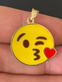 Smiley Kiss Emoji Pendant - Show Love - 14k Gold Over 925 Sterling Silver - 1" Small
