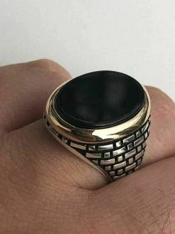 Solid 10k Gold & 925 Sterling Silver Black Onyx Mens LARGE Ring Size 7-13 Pinky