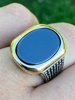 Solid 10k Gold & 925 Sterling Silver Black Onyx Mens LARGE Ring Sizes 7-13 Pinky