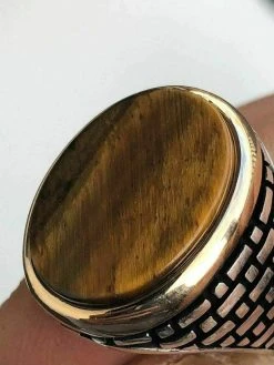 Solid 10k Gold & 925 Sterling Silver Tiger's Eye Mens Ring Size 7-13 Pinky -Harlem Bling Shop harlembling solid 10k gold and 925 sterling silver tigers eye mens ring size 7 13 pinky 37551.1664392706