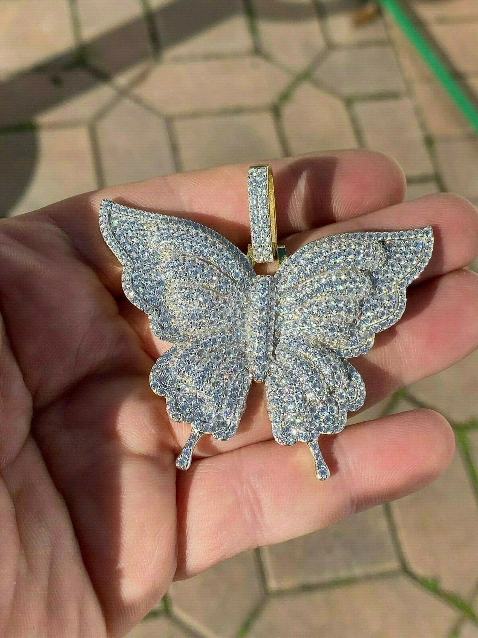 Solid 925 Silver 14k Gold Finish HUGE Iced 2.5" Butterly HipHop Pendant Necklace 4 Solid 925 Silver 14k Gold Finish HUGE Iced 2.5" Butterly HipHop Pendant Necklace - Image 2
