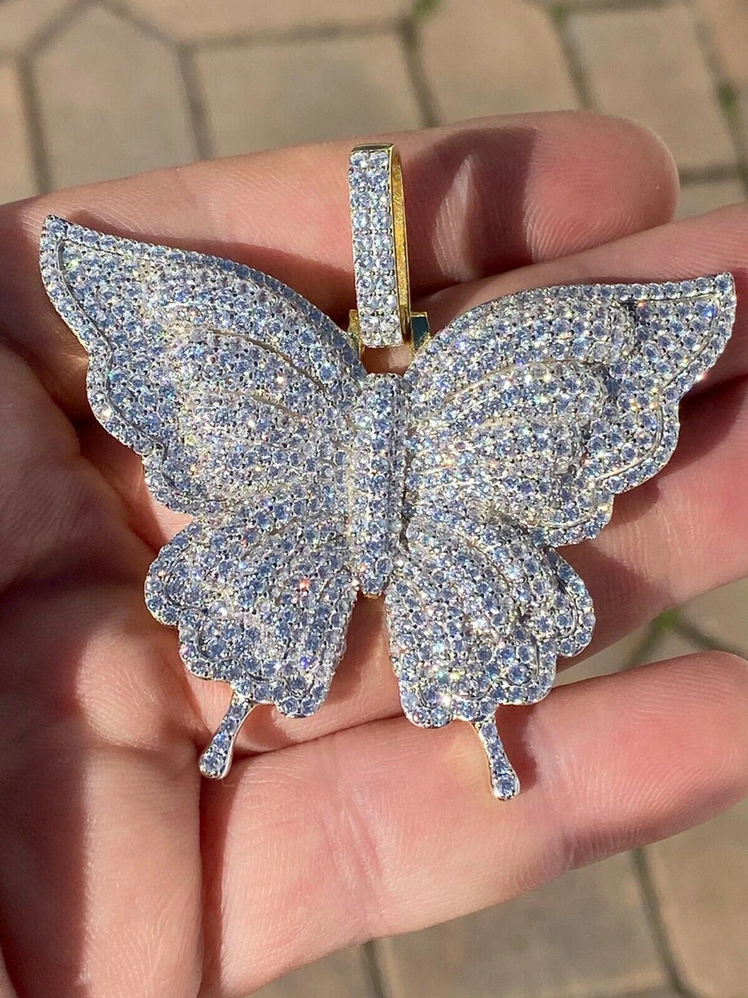Solid 925 Silver 14k Gold Finish HUGE Iced 2.5" Butterly HipHop Pendant Necklace 3 Solid 925 Silver 14k Gold Finish HUGE Iced 2.5" Butterly HipHop Pendant Necklace