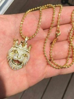 Solid 925 Silver 14k Gold Pendant Diamond African Rasta Lion LEO W. Moon Chain