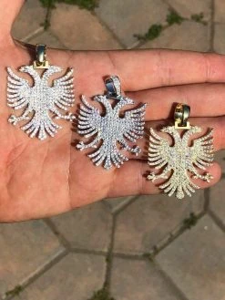 Solid 925 Silver Albanian Kosova Two Headed Eagle Pendant Diamond 2" Big Piece