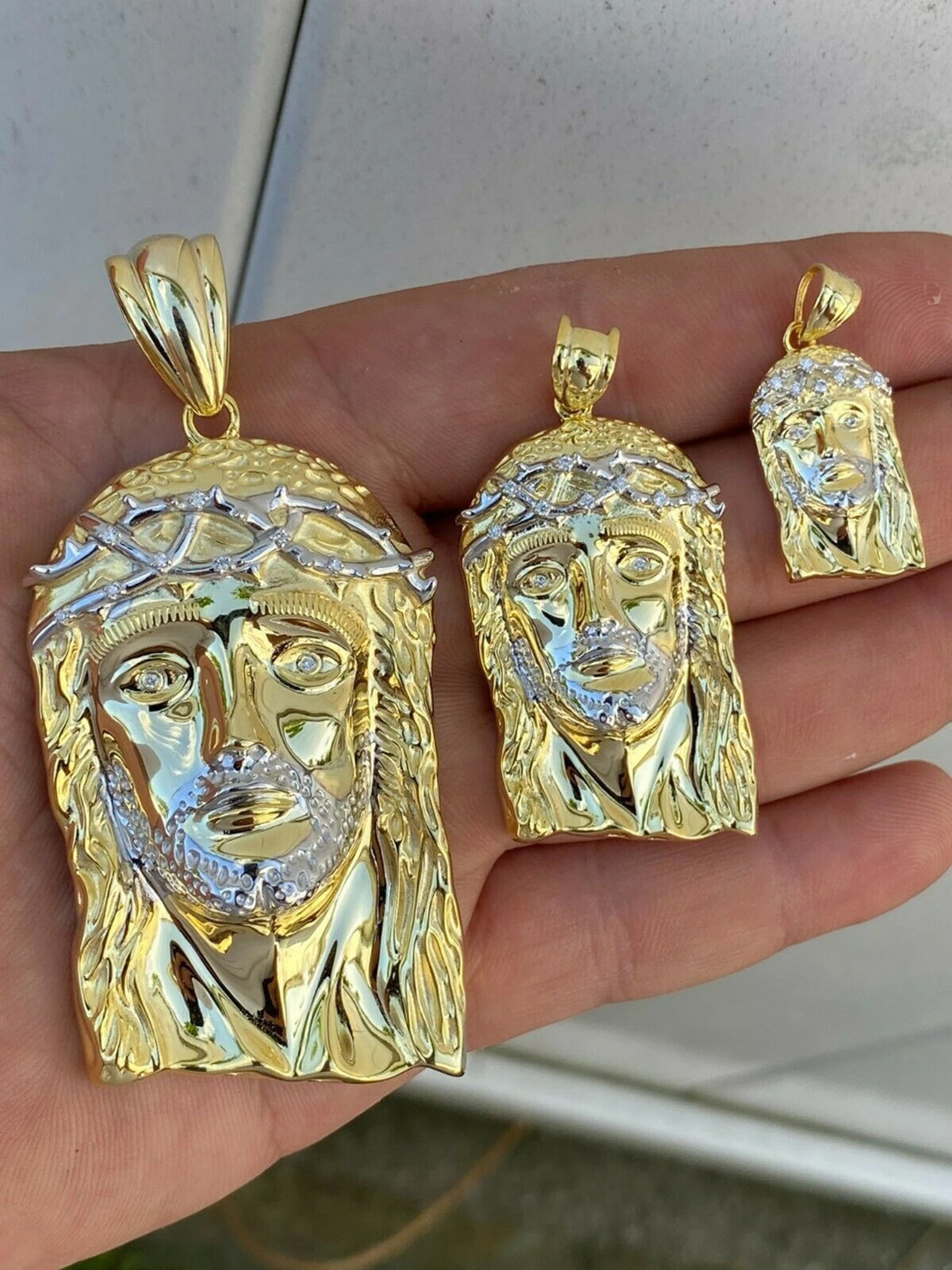 Solid 925 Silver & 14k Gold Jesus Piece HIP HOP 0.1ct REAL Natural Diamond Iced 3 Solid 925 Silver & 14k Gold Jesus Piece HIP HOP 0.1ct REAL Natural Diamond Iced