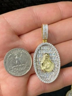 Solid 925 Silver & 14k Gold Virgin Mary Iced Diamond Medallion Pendant Necklace 18 Solid 925 Silver & 14k Gold Virgin Mary Iced Diamond Medallion Pendant Necklace -Harlem Bling Shop harlembling solid 925 silver and 14k gold virgin mary iced diamond medallion pendant necklace 25534.1664397714