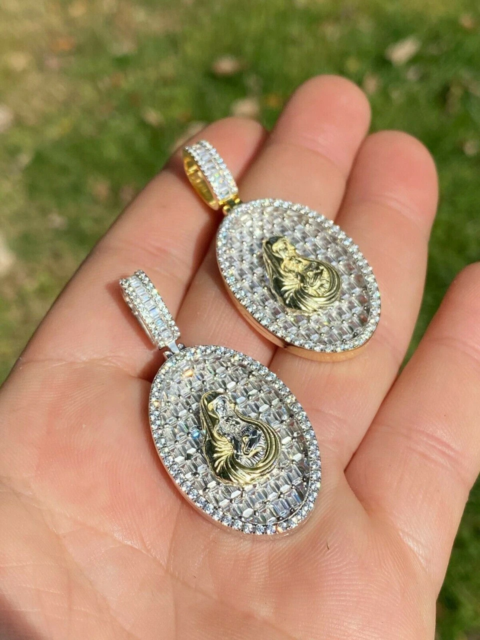 Solid 925 Silver & 14k Gold Virgin Mary Iced Diamond Medallion Pendant Necklace 12 Solid 925 Silver & 14k Gold Virgin Mary Iced Diamond Medallion Pendant Necklace - Image 10
