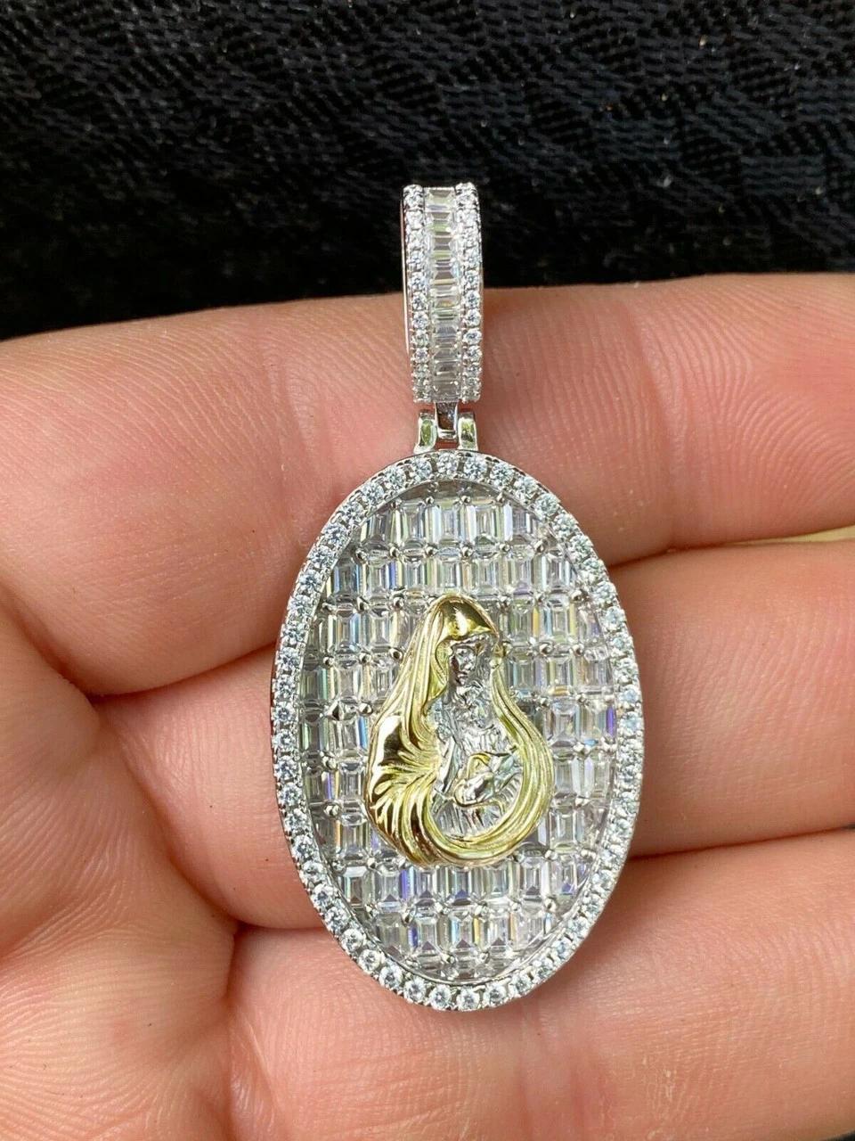 Solid 925 Silver & 14k Gold Virgin Mary Iced Diamond Medallion Pendant Necklace 4 Solid 925 Silver & 14k Gold Virgin Mary Iced Diamond Medallion Pendant Necklace - Image 2