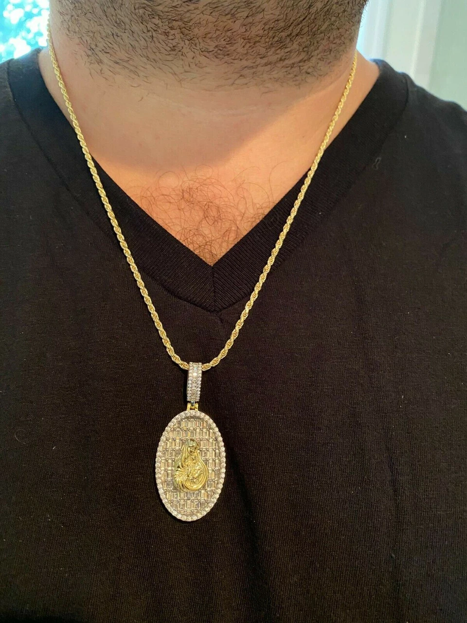 Solid 925 Silver & 14k Gold Virgin Mary Iced Diamond Medallion Pendant Necklace 10 Solid 925 Silver & 14k Gold Virgin Mary Iced Diamond Medallion Pendant Necklace - Image 8