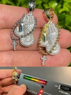 Solid 925 Silver & Gold Praying Hands W. Cross Pendant Necklace ICED Moissanite