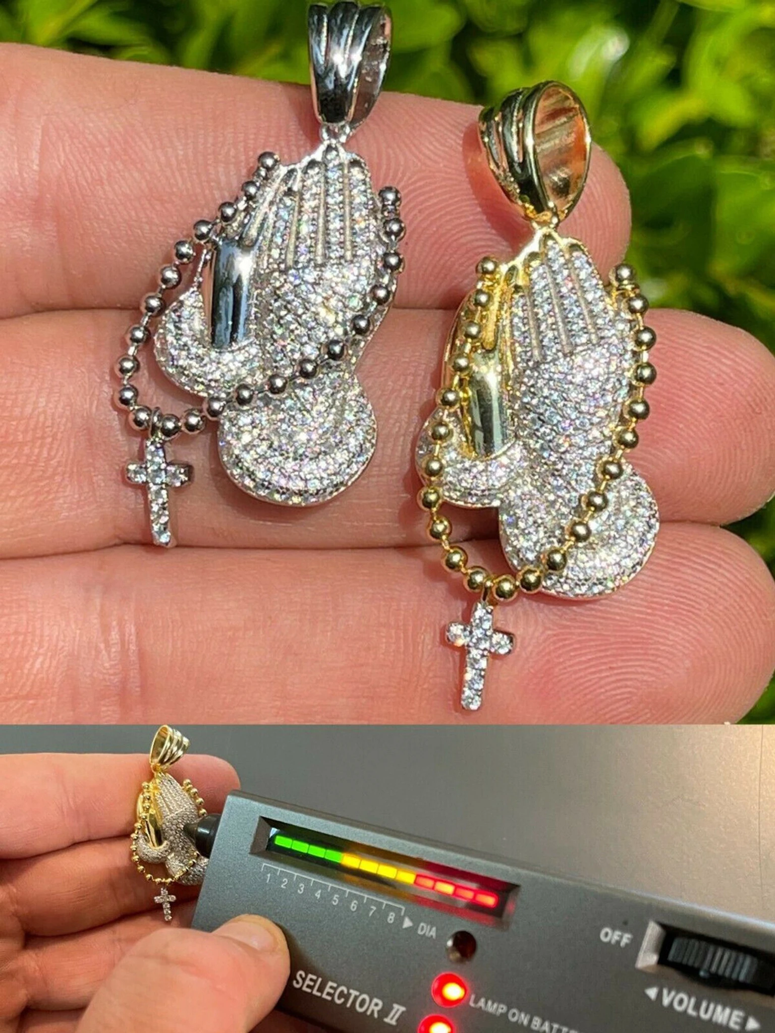 Solid 925 Silver & Gold Praying Hands W. Cross Pendant Necklace ICED Moissanite 3 Solid 925 Silver & Gold Praying Hands W. Cross Pendant Necklace ICED Moissanite