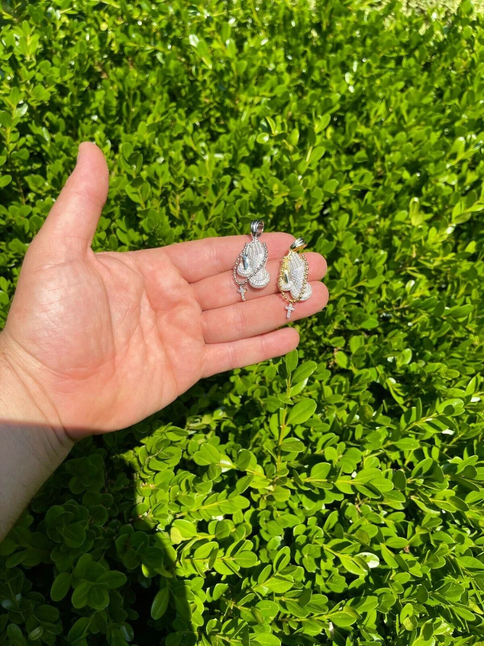 Solid 925 Silver & Gold Praying Hands W. Cross Pendant Necklace ICED Moissanite 12 Solid 925 Silver & Gold Praying Hands W. Cross Pendant Necklace ICED Moissanite - Image 10