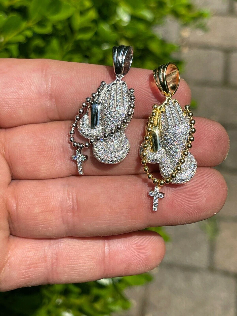 Solid 925 Silver & Gold Praying Hands W. Cross Pendant Necklace ICED Moissanite 4 Solid 925 Silver & Gold Praying Hands W. Cross Pendant Necklace ICED Moissanite - Image 2