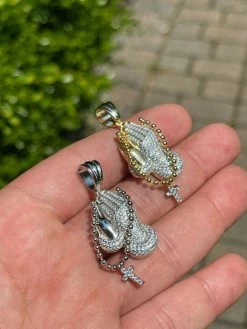 Solid 925 Silver & Gold Praying Hands W. Cross Pendant Necklace ICED Moissanite 18 Solid 925 Silver & Gold Praying Hands W. Cross Pendant Necklace ICED Moissanite -Harlem Bling Shop harlembling solid 925 silver and gold praying hands w cross pendant necklace iced moissanite 55607.1664395420