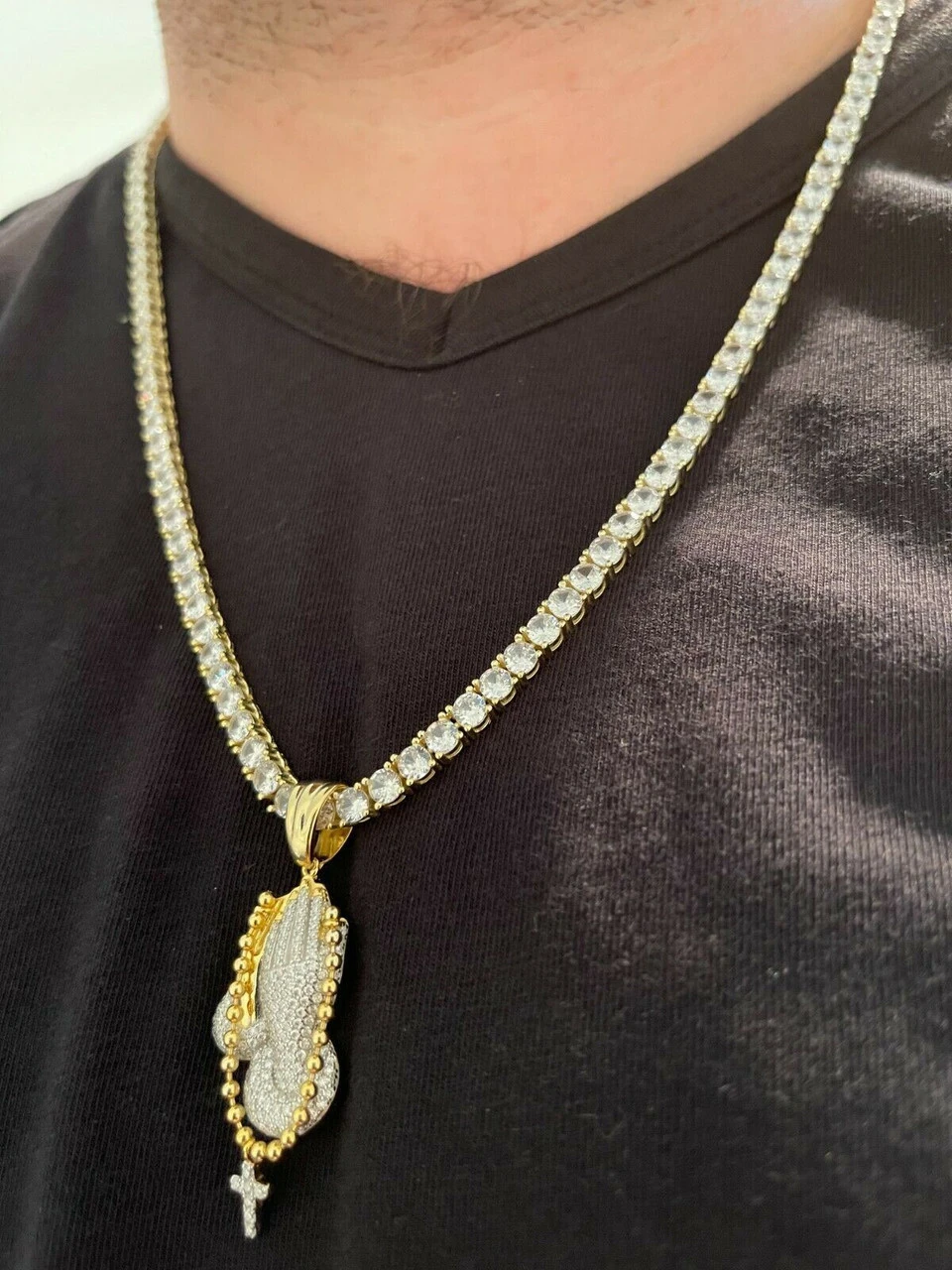Solid 925 Silver & Gold Praying Hands W. Cross Pendant Necklace ICED Moissanite 15 Solid 925 Silver & Gold Praying Hands W. Cross Pendant Necklace ICED Moissanite - Image 13
