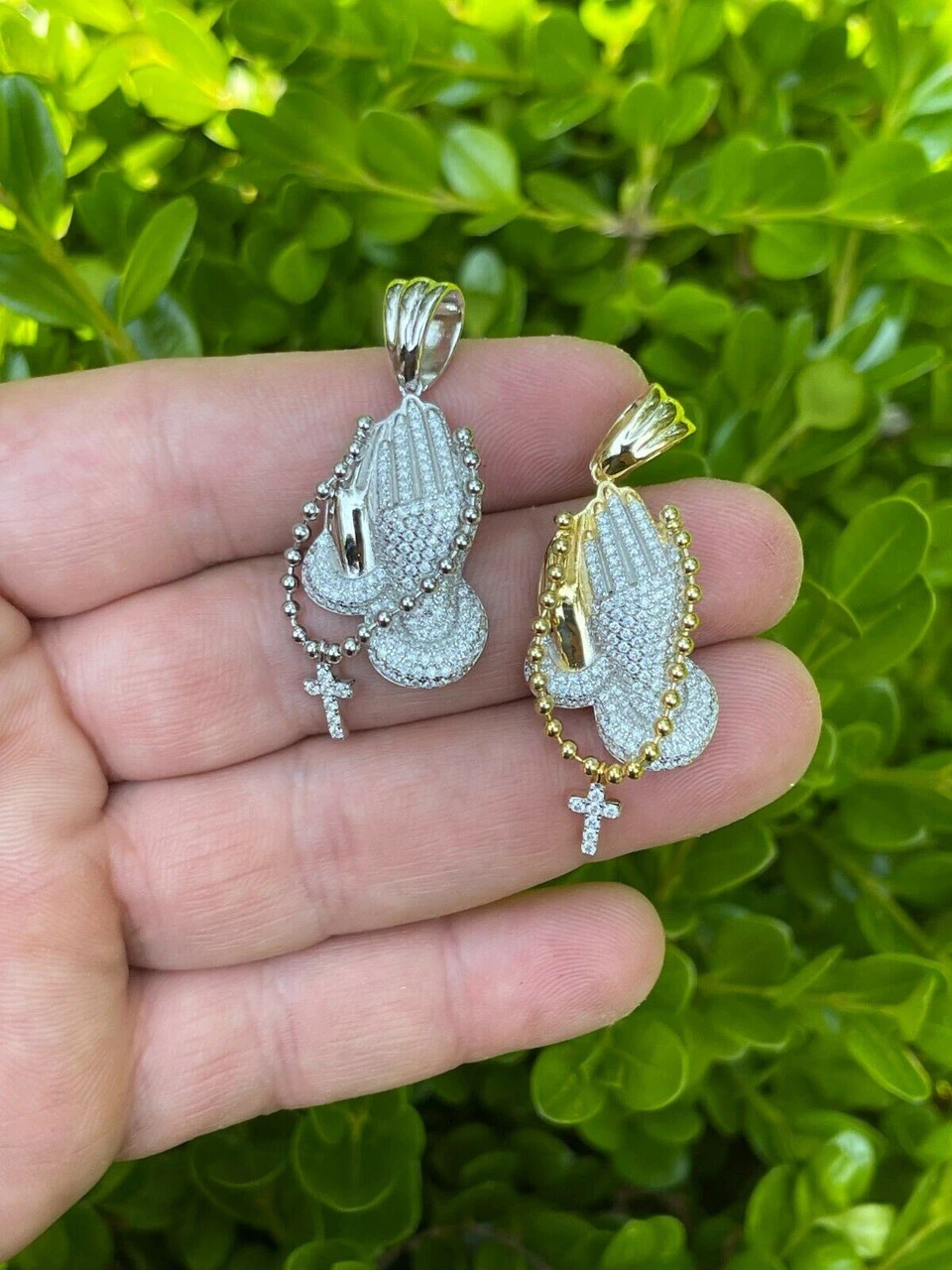 Solid 925 Silver & Gold Praying Hands W. Cross Pendant Necklace ICED Moissanite 6 Solid 925 Silver & Gold Praying Hands W. Cross Pendant Necklace ICED Moissanite - Image 4