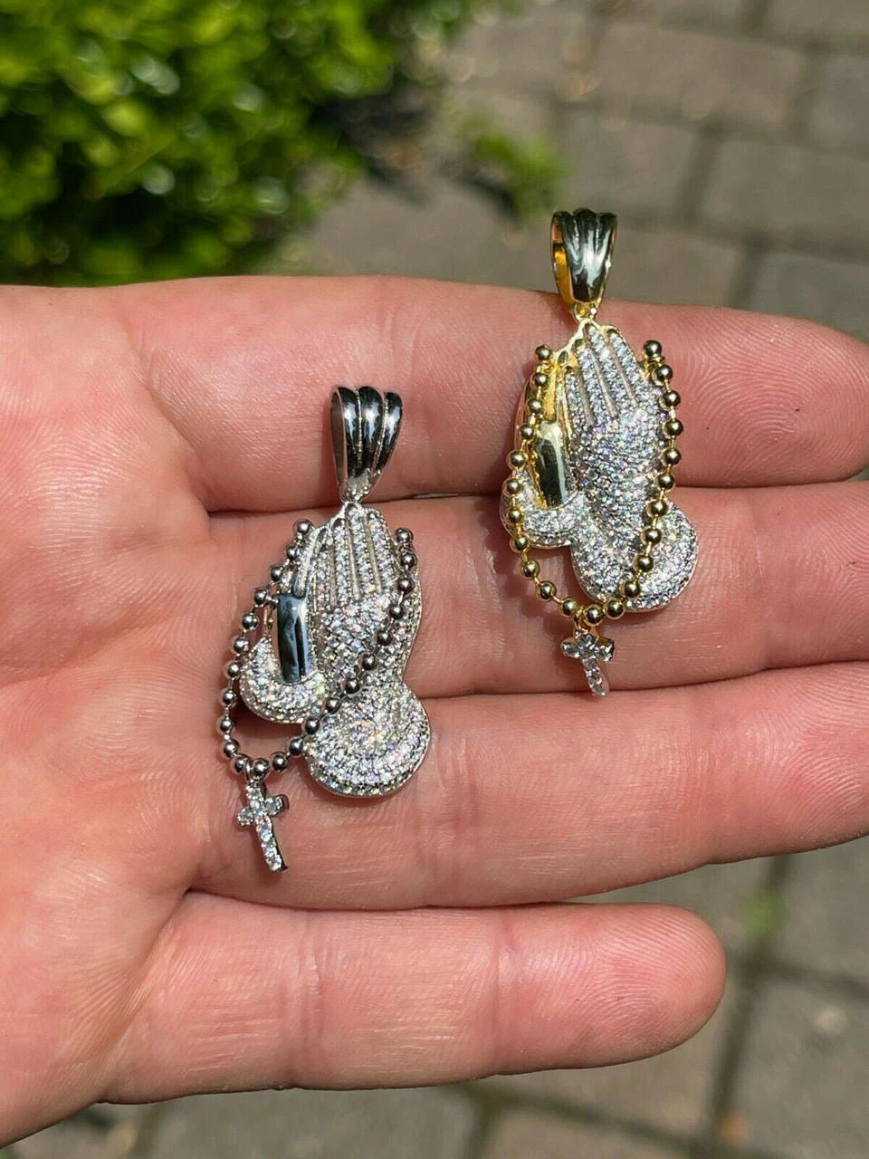 Solid 925 Silver & Gold Praying Hands W. Cross Pendant Necklace ICED Moissanite 10 Solid 925 Silver & Gold Praying Hands W. Cross Pendant Necklace ICED Moissanite - Image 8