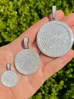 Solid 925 Silver Bling Out Iced Round Hip Hop Dog Tag Medallion Pendant Necklace
