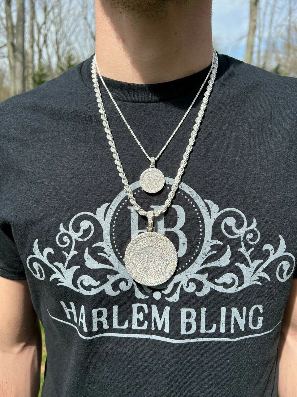 Solid 925 Silver Bling Out Iced Round Hip Hop Dog Tag Medallion Pendant Necklace 5 Solid 925 Silver Bling Out Iced Round Hip Hop Dog Tag Medallion Pendant Necklace - Image 3