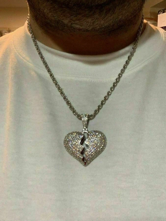 Solid 925 Silver Broken Heart Diamond Necklace Hop Hop Iced Heartbroken Pendant 13 Solid 925 Silver Broken Heart Diamond Necklace Hop Hop Iced Heartbroken Pendant - Image 11