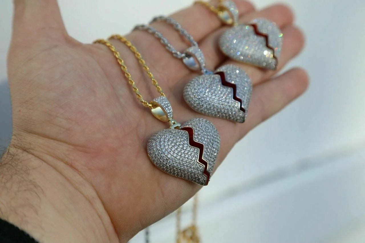 Solid 925 Silver Broken Heart Diamond Necklace Hop Hop Iced Heartbroken Pendant 5 Solid 925 Silver Broken Heart Diamond Necklace Hop Hop Iced Heartbroken Pendant - Image 3