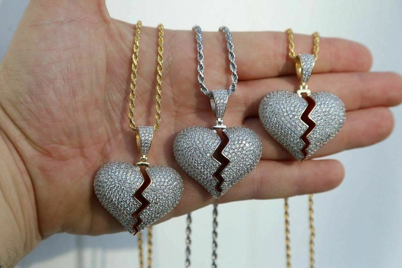 Solid 925 Silver Broken Heart Diamond Necklace Hop Hop Iced Heartbroken Pendant 4 Solid 925 Silver Broken Heart Diamond Necklace Hop Hop Iced Heartbroken Pendant - Image 2