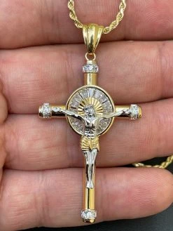 Solid 925 Silver Cross Jesus Pendant Yellow Gold Finish Iced Crucifix Necklace
