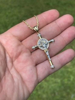 Solid 925 Silver Cross Jesus Pendant Yellow Gold Finish Iced Crucifix Necklace -Harlem Bling Shop harlembling solid 925 silver cross jesus pendant yellow gold finish iced crucifix necklace 61974.1664388611