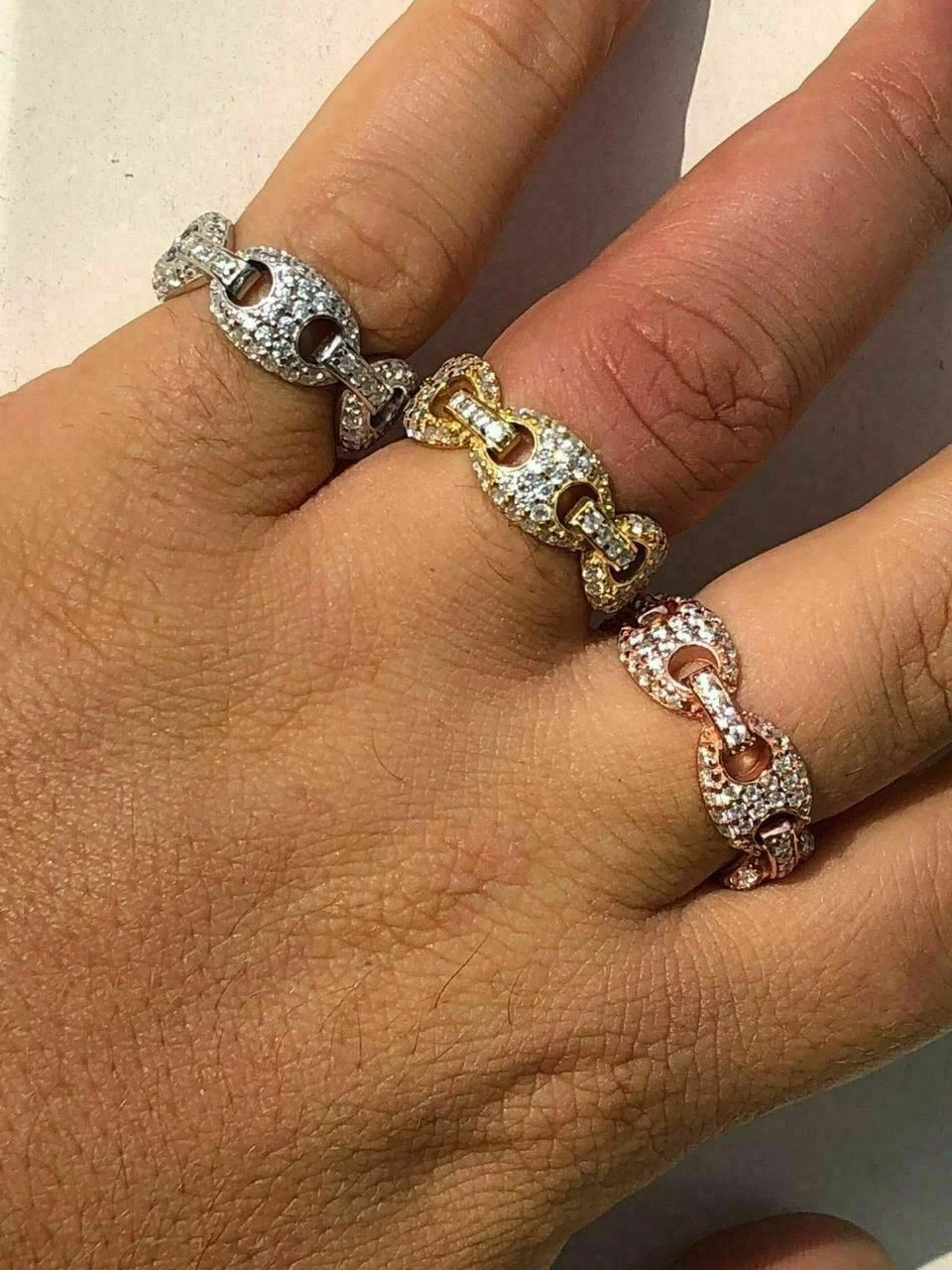 Solid 925 Silver Gucci Link Diamond Pinky RING 14k Gold Wedding Band Mens Ladies 5 Solid 925 Silver Gucci Link Diamond Pinky RING 14k Gold Wedding Band Mens Ladies - Image 3