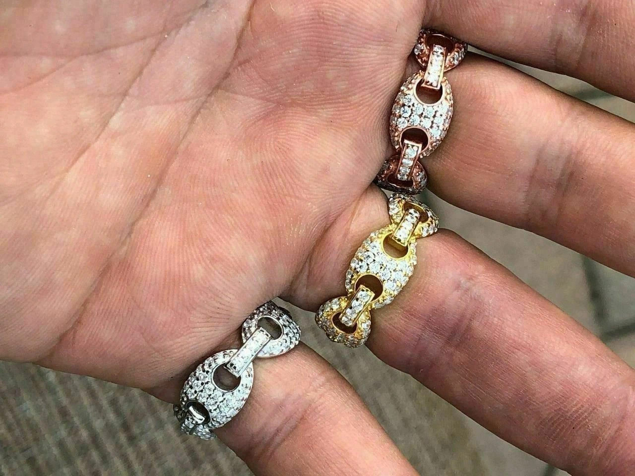 Solid 925 Silver Gucci Link Diamond Pinky RING 14k Gold Wedding Band Mens Ladies 14 Solid 925 Silver Gucci Link Diamond Pinky RING 14k Gold Wedding Band Mens Ladies - Image 12