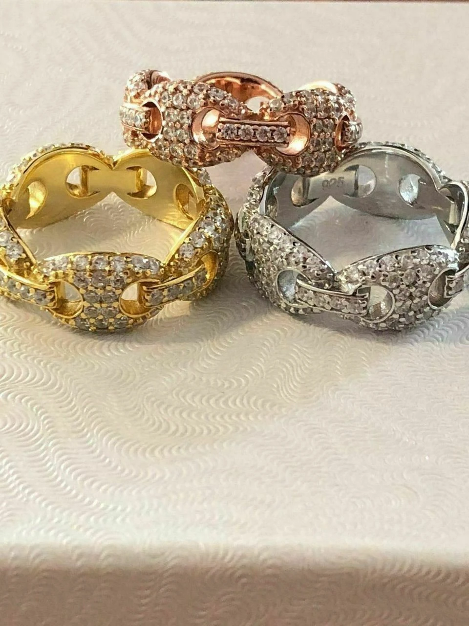 Solid 925 Silver Gucci Link Diamond Pinky RING 14k Gold Wedding Band Mens Ladies 8 Solid 925 Silver Gucci Link Diamond Pinky RING 14k Gold Wedding Band Mens Ladies - Image 6