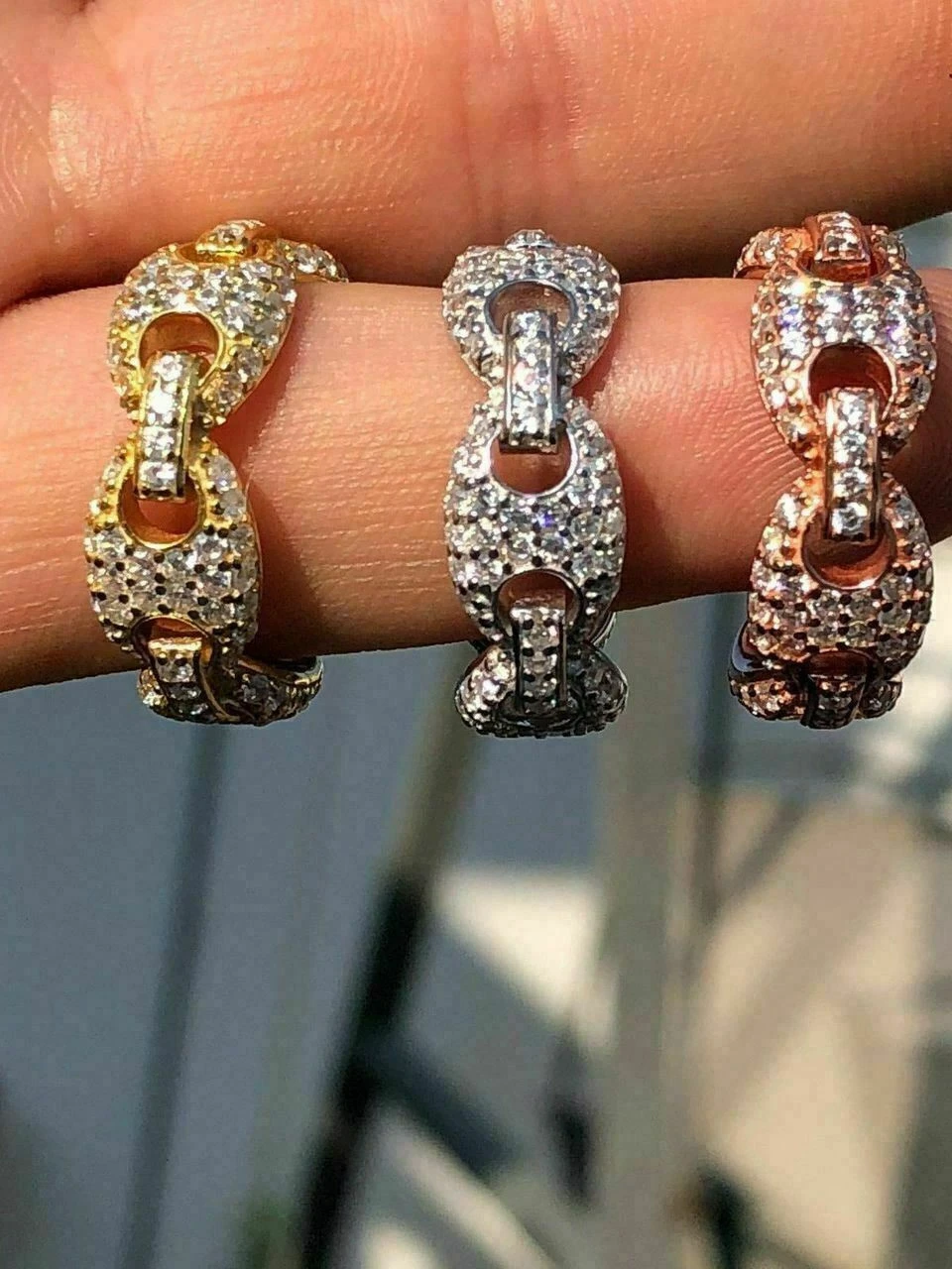 Solid 925 Silver Gucci Link Diamond Pinky RING 14k Gold Wedding Band Mens Ladies 4 Solid 925 Silver Gucci Link Diamond Pinky RING 14k Gold Wedding Band Mens Ladies - Image 2