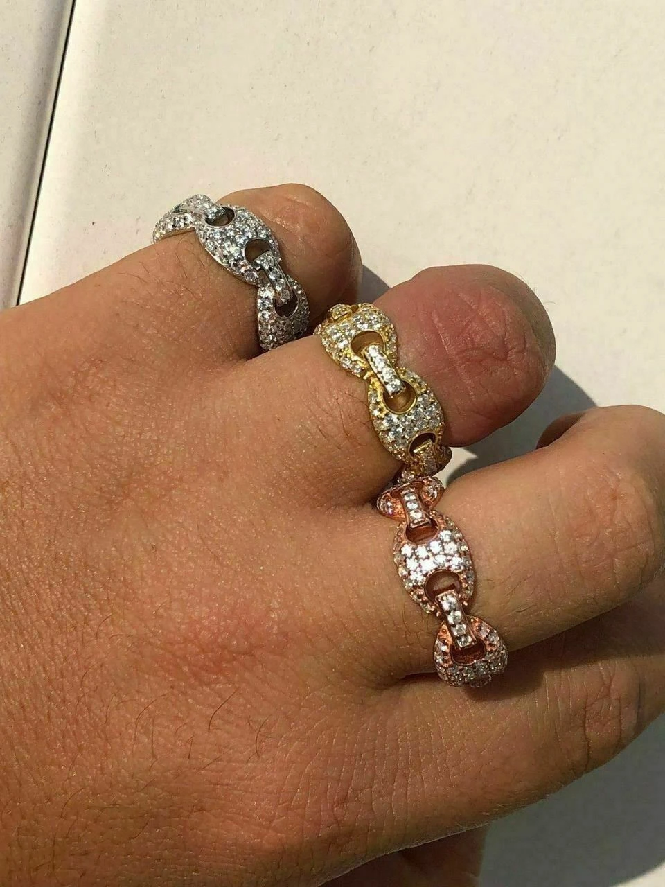 Solid 925 Silver Gucci Link Diamond Pinky RING 14k Gold Wedding Band Mens Ladies 13 Solid 925 Silver Gucci Link Diamond Pinky RING 14k Gold Wedding Band Mens Ladies - Image 11