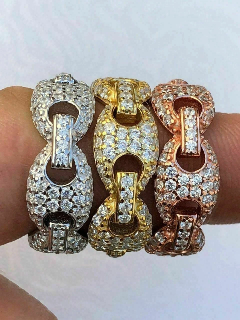 Solid 925 Silver Gucci Link Diamond Pinky RING 14k Gold Wedding Band Mens Ladies 12 Solid 925 Silver Gucci Link Diamond Pinky RING 14k Gold Wedding Band Mens Ladies - Image 10