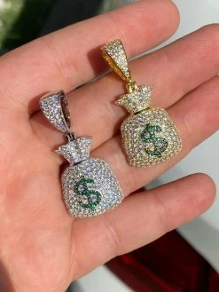 Solid 925 Silver Hip Hop Money Bag Emoji Pendant Necklace Iced Dollar Sign -Harlem Bling Shop harlembling solid 925 silver hip hop money bag emoji pendant necklace iced dollar sign 21653.1664399546