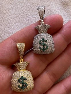 Solid 925 Silver Hip Hop Money Bag Emoji Pendant Necklace Iced Dollar Sign -Harlem Bling Shop harlembling solid 925 silver hip hop money bag emoji pendant necklace iced dollar sign 40224.1664384544