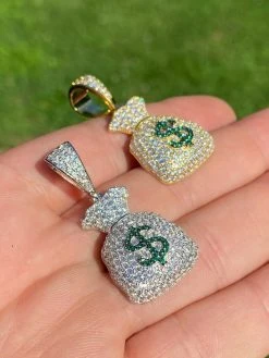 Solid 925 Silver Hip Hop Money Bag Emoji Pendant Necklace Iced Dollar Sign -Harlem Bling Shop harlembling solid 925 silver hip hop money bag emoji pendant necklace iced dollar sign 41367.1664383869