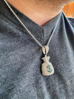 Solid 925 Silver Hip Hop Money Bag Emoji Pendant Necklace Iced Dollar Sign -Harlem Bling Shop harlembling solid 925 silver hip hop money bag emoji pendant necklace iced dollar sign 48755.1664379686