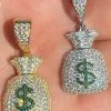 Solid 925 Silver Hip Hop Money Bag Emoji Pendant Necklace Iced Dollar Sign