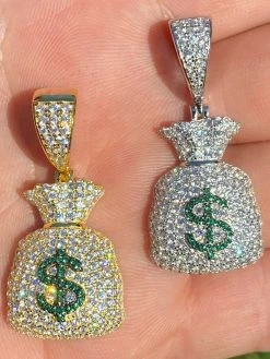 Solid 925 Silver Hip Hop Money Bag Emoji Pendant Necklace Iced Dollar Sign