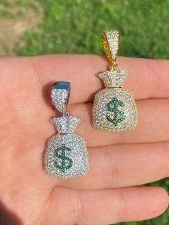 Solid 925 Silver Hip Hop Money Bag Emoji Pendant Necklace Iced Dollar Sign -Harlem Bling Shop harlembling solid 925 silver hip hop money bag emoji pendant necklace iced dollar sign 79479.1664384294