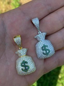Solid 925 Silver Hip Hop Money Bag Emoji Pendant Necklace Iced Dollar Sign -Harlem Bling Shop harlembling solid 925 silver hip hop money bag emoji pendant necklace iced dollar sign 85961.1664379727