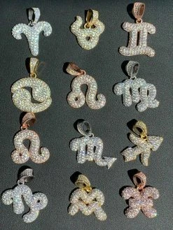 Solid 925 Silver Iced Diamond Zodiac Astrology Sign Pendant Necklace Hip Hop