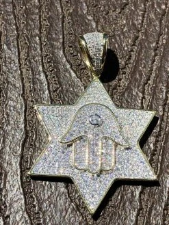 Solid 925 Silver Iced Icy Magen David Star W. Hamsa Mens Diamond Star 14k Plated -Harlem Bling Shop harlembling solid 925 silver iced icy magen david star w hamsa mens diamond star 14k plated 09386.1664389649