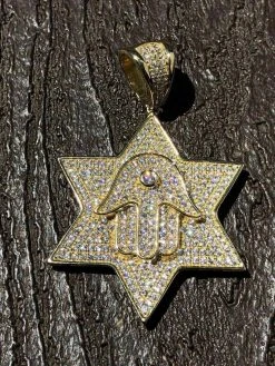 Solid 925 Silver Iced Icy Magen David Star W. Hamsa Mens Diamond Star 14k Plated -Harlem Bling Shop harlembling solid 925 silver iced icy magen david star w hamsa mens diamond star 14k plated 59301.1664400468