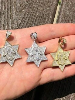 Solid 925 Silver Iced Icy Magen David Star W. Hamsa Mens Diamond Star 14k Plated -Harlem Bling Shop harlembling solid 925 silver iced icy magen david star w hamsa mens diamond star 14k plated 95293.1664374068