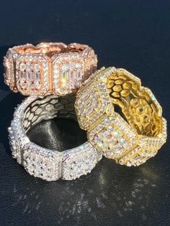 Solid 925 Silver Men's Hip Hop Rapper Baguette Diamond Pinky RING 14k Gold Iced