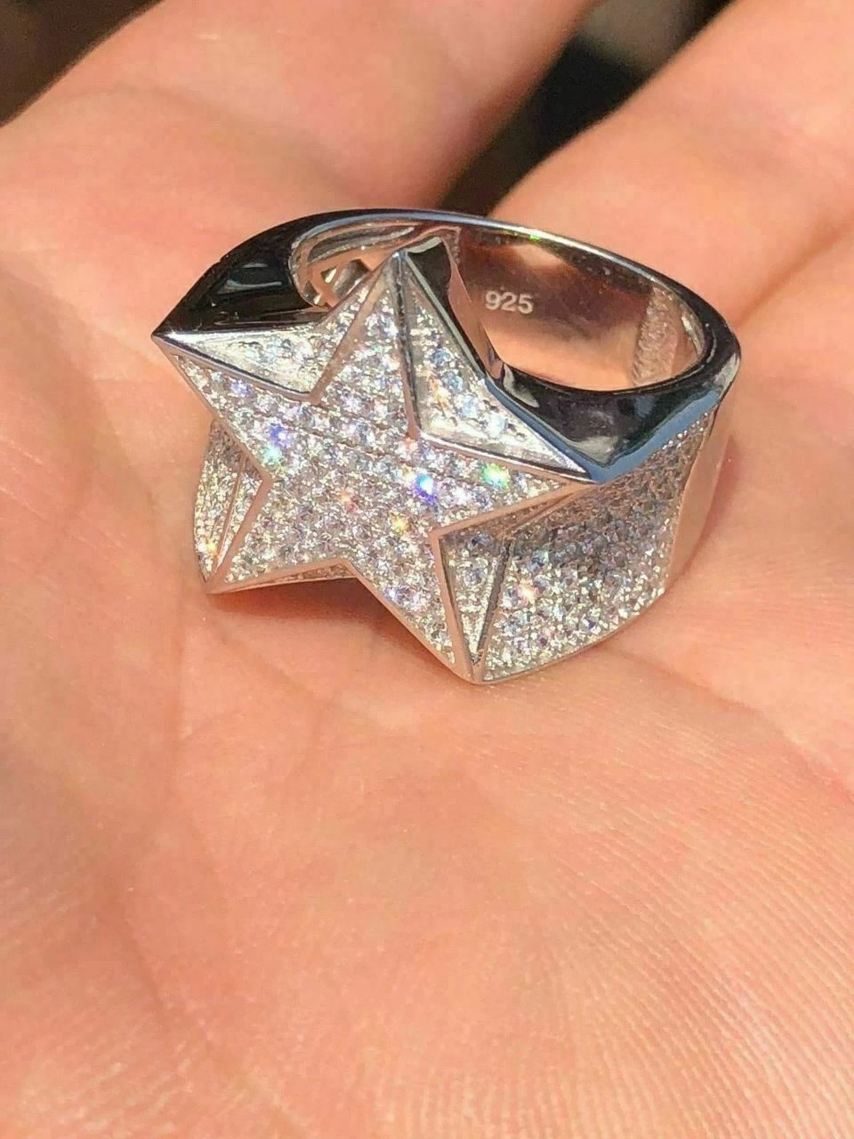 Solid 925 Silver Men's Women's Hip Hop Rapper 3D STAR Diamond Pinky RING Pinky 4 Solid 925 Silver Men's Women's Hip Hop Rapper 3D STAR Diamond Pinky RING Pinky - Image 2