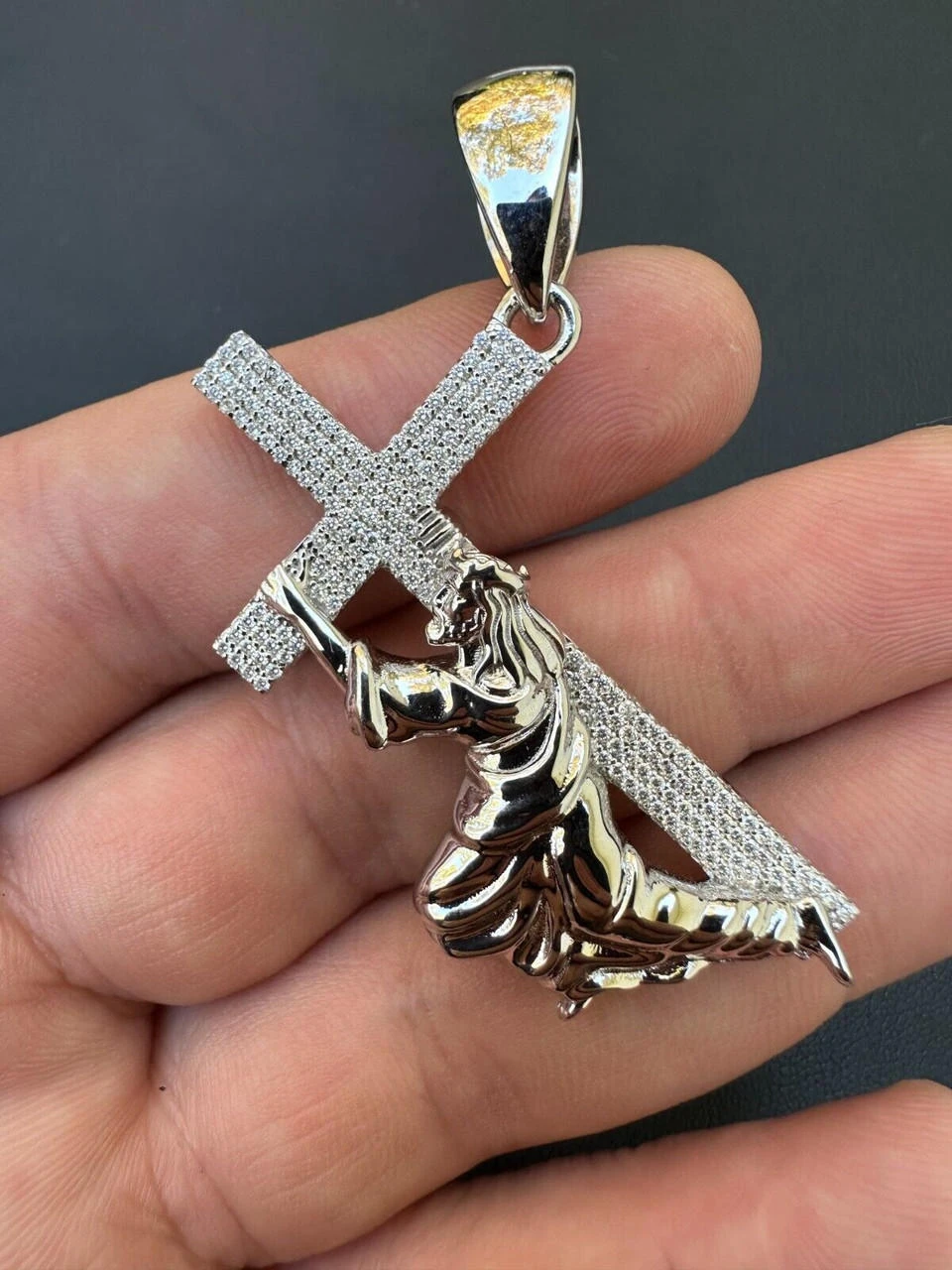 Solid 925 Silver Real MOISSANITE Jesus Carrying Cross Pendant Iced Necklace 11 Solid 925 Silver Real MOISSANITE Jesus Carrying Cross Pendant Iced Necklace - Image 9