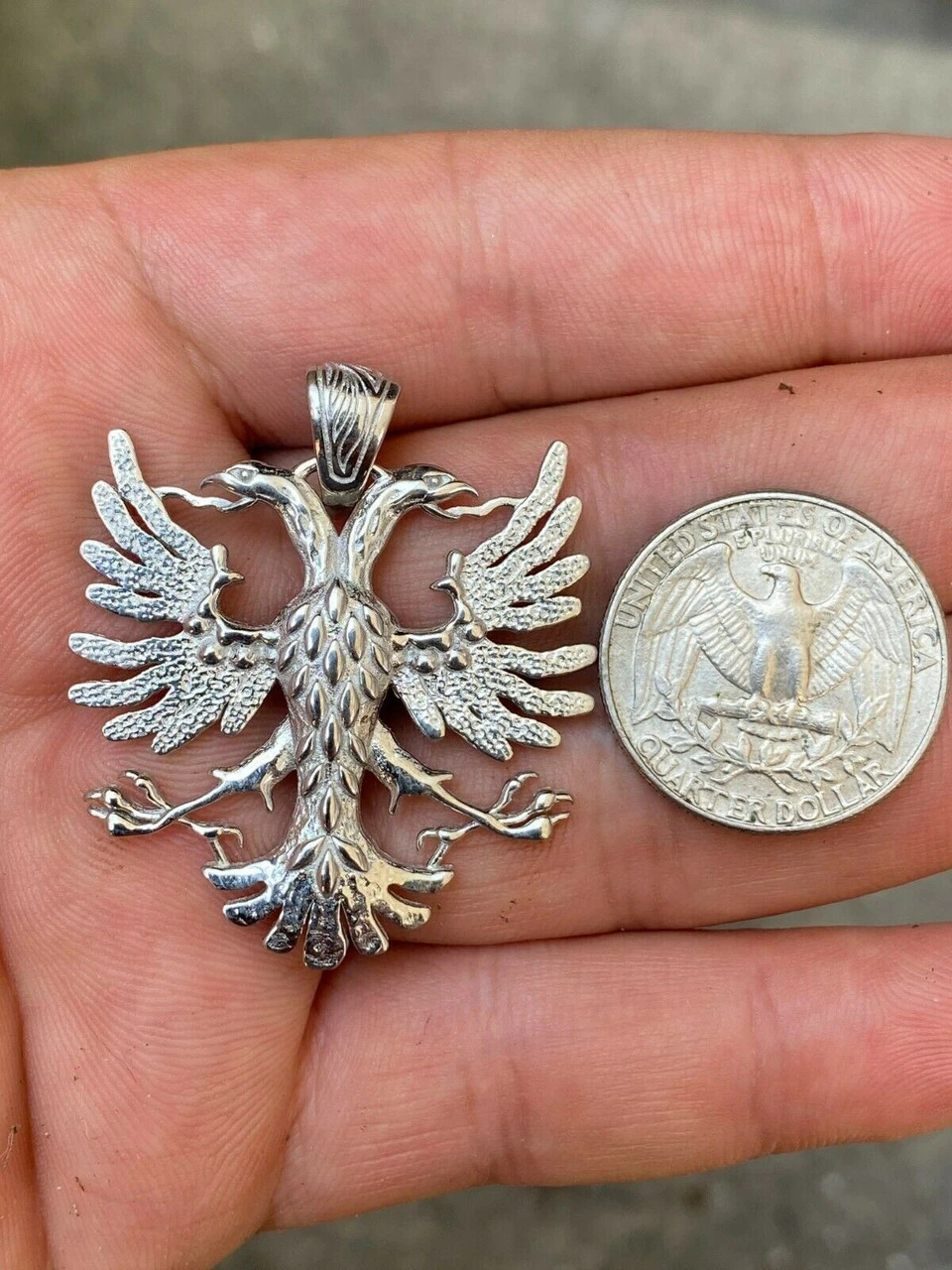 Solid 925 Silver Two Double Headed Eagle Pendant Necklace Albania Kosova Russian 7 Solid 925 Silver Two Double Headed Eagle Pendant Necklace Albania Kosova Russian - Image 5